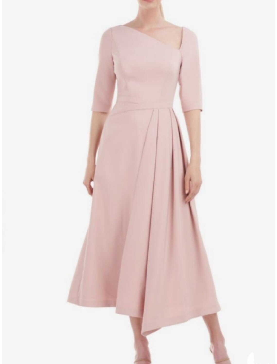 A-Line Mother of the Bride Dress Wedding Guest Church Elegant Petite Sweet Bateau Neck Tea Length Stretch Chiffon Half Sleeve with Pleats Fall