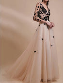 A-Line Evening Gown Elegant Dress Formal Wedding Guest Sweep / Brush Train Long Sleeve V Neck Tulle with EmbroideryA-Line Evening Gown Elegant Dress Formal Wedding Guest Sweep / Brush Train Long Sleeve V Neck Tulle with Embroidery