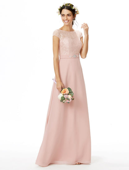 Sheath / Column Bridesmaid Dress Bateau Neck Short Sleeve Elegant Floor Length Chiffon / Lace with Lace / Sash / Ribbon / Bow(s)