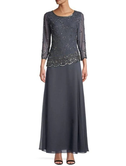 Sheath Party Dress Elegant Formal Evening Dress Jewel Neck 3/4 Length Sleeve Ankle Length Chiffon with Sequin