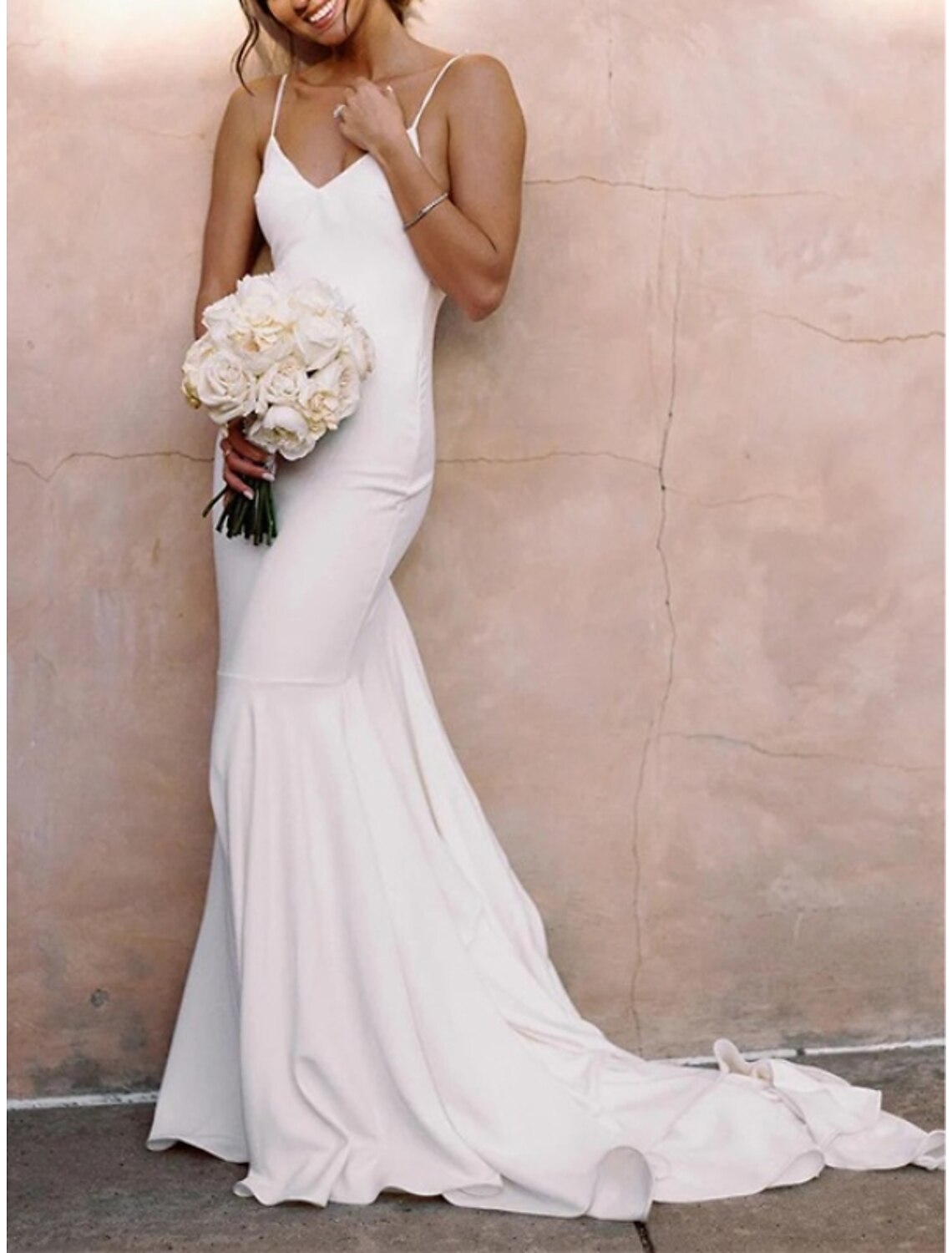 Reception Casual Wedding Dresses Mermaid / Trumpet Camisole Sleeveless Court Train Satin Bridal Gowns With Pleats Solid Color