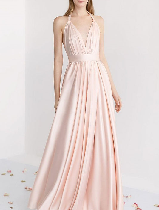 A-Line Bridesmaid Dress Halter Sleeveless Pink Floor Length Stretch Satin with Ruching / Solid Color