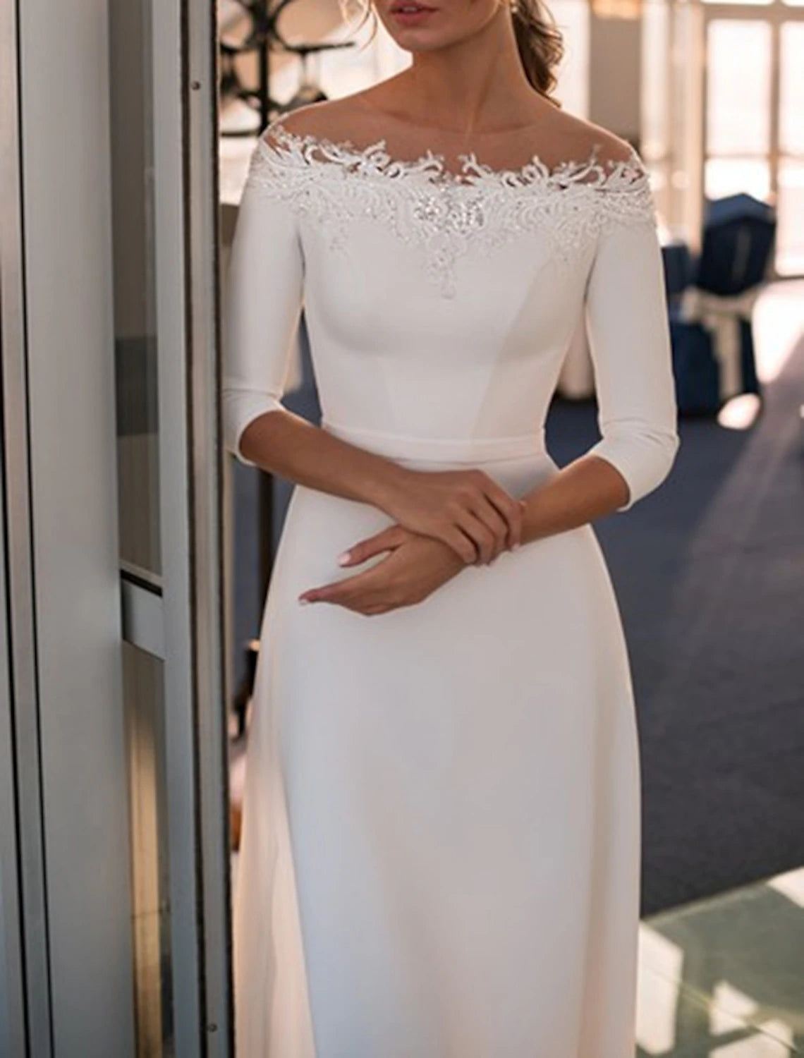 Formal Wedding Dresses A-Line Off Shoulder 3/4 Length Sleeve Sweep / Brush Train Lace Bridal Gowns