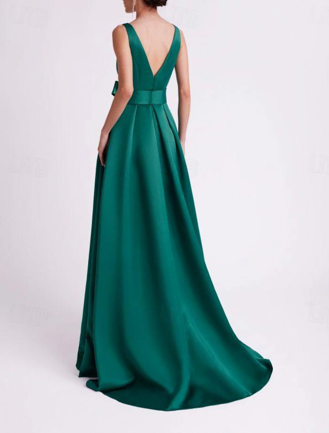 Gown High Split Formal Wedding Guest Floor Length Sleeveless V Neck Belt / Sash Satin with Slit Evening Dress