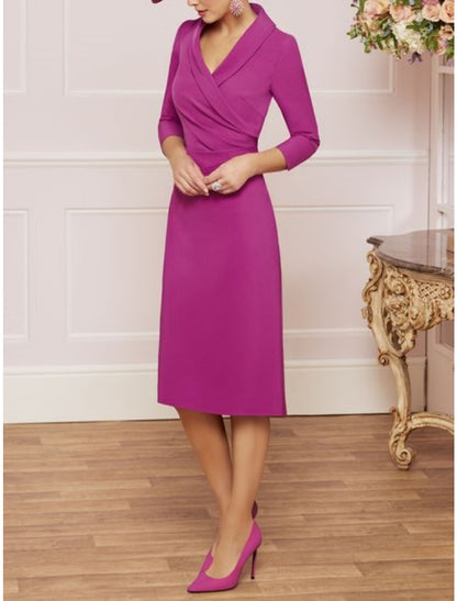 Sheath / Column Mother of the Bride Dress Wedding Guest Elegant Petite V Neck Knee Length Satin 3/4 Length Sleeve with Ruching Solid Color