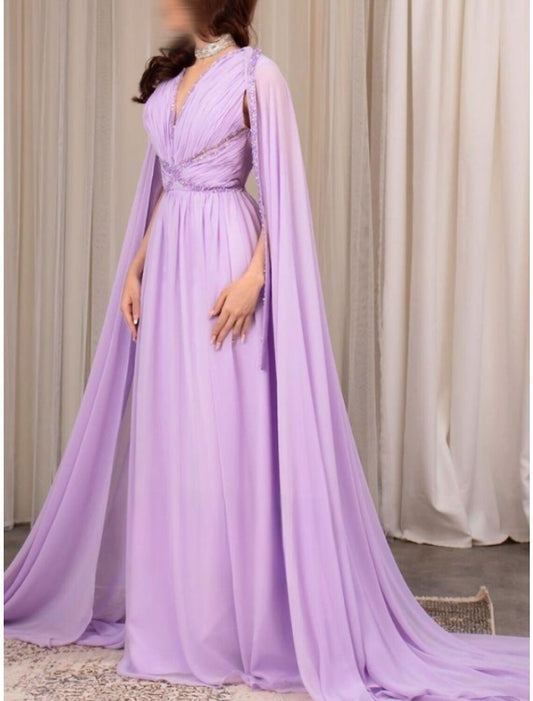 A-Line Evening Gown Elegant Dress Formal Fall Court Train Long Sleeve V Neck Chiffon with Pleats Sequin