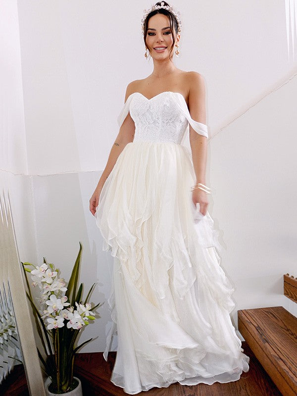 A-Line/Princess Sleeveless Off-the-Shoulder Ruched Chiffon Floor-Length Wedding Dresses