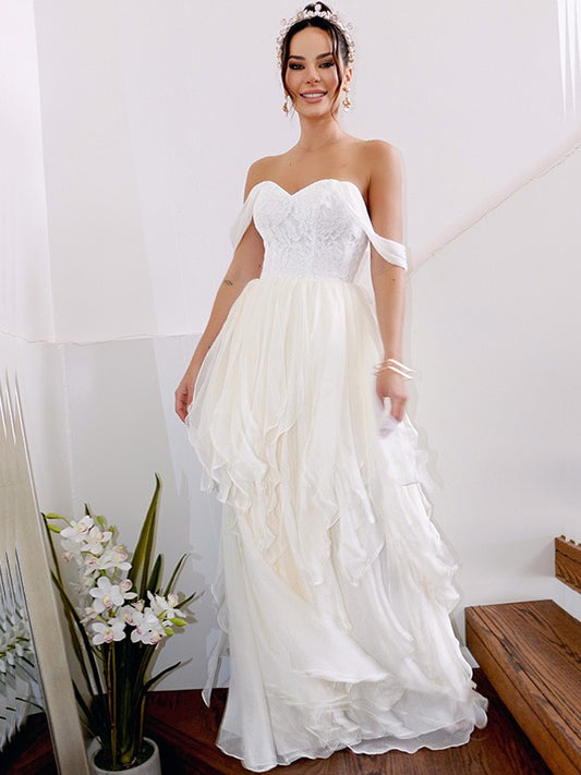 A-Line/Princess Sleeveless Off-the-Shoulder Ruched Chiffon Floor-Length Wedding Dresses