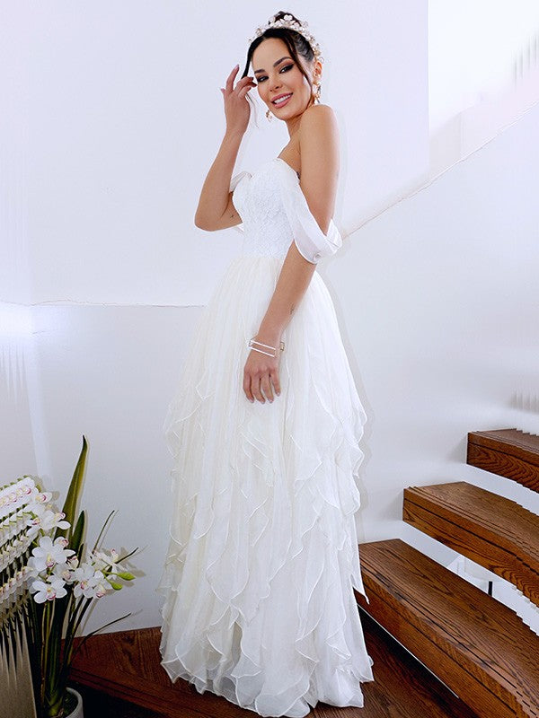 A-Line/Princess Sleeveless Off-the-Shoulder Ruched Chiffon Floor-Length Wedding Dresses