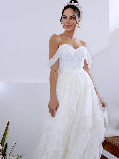 A-Line/Princess Sleeveless Off-the-Shoulder Ruched Chiffon Floor-Length Wedding Dresses