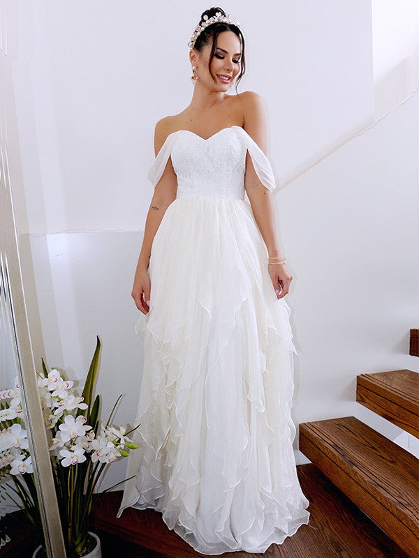 A-Line/Princess Sleeveless Off-the-Shoulder Ruched Chiffon Floor-Length Wedding Dresses