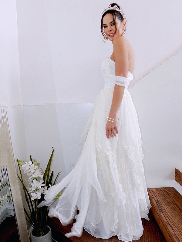 A-Line/Princess Sleeveless Off-the-Shoulder Ruched Chiffon Floor-Length Wedding Dresses