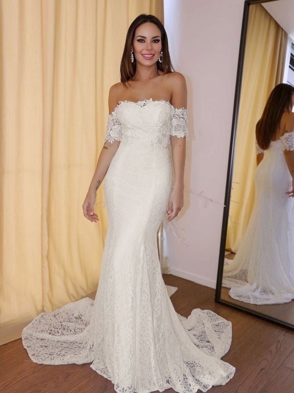 Trumpet/Mermaid Off-the-Shoulder Short Sleeves Lace Applique Court Train Wedding Dresses