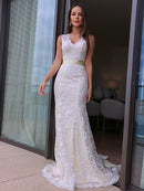 Sheath/Column Lace V-neck Sash/Ribbon/Belt Sleeveless Sweep/Brush Train Wedding Dresses