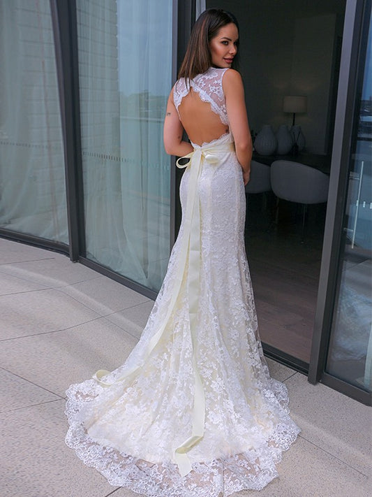 Sheath/Column Lace V-neck Sash/Ribbon/Belt Sleeveless Sweep/Brush Train Wedding Dresses