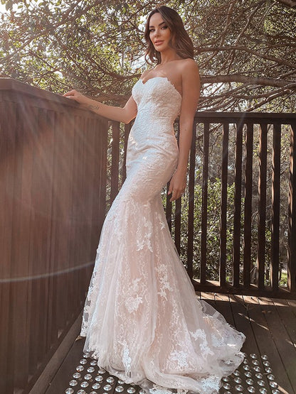 Trumpet/Mermaid Sweetheart Sleeveless Lace Applique Sweep/Brush Train Wedding Dresses