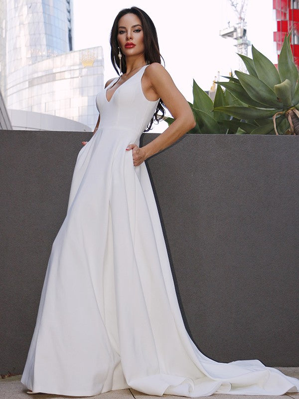 A-Line/Princess Stretch Crepe Ruffles V-neck Sleeveless Sweep/Brush Train Wedding Dresses