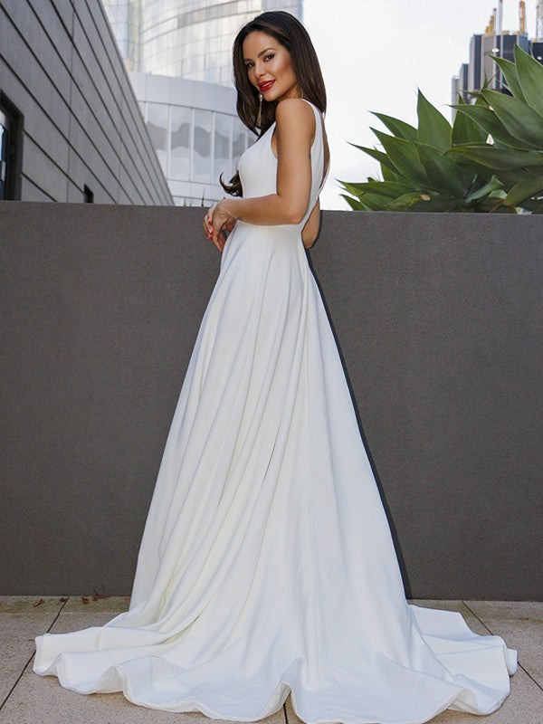 A-Line/Princess Stretch Crepe Ruffles V-neck Sleeveless Sweep/Brush Train Wedding Dresses