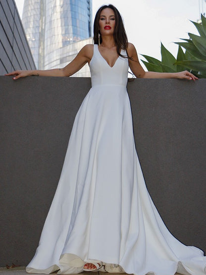 A-Line/Princess Stretch Crepe Ruffles V-neck Sleeveless Sweep/Brush Train Wedding Dresses