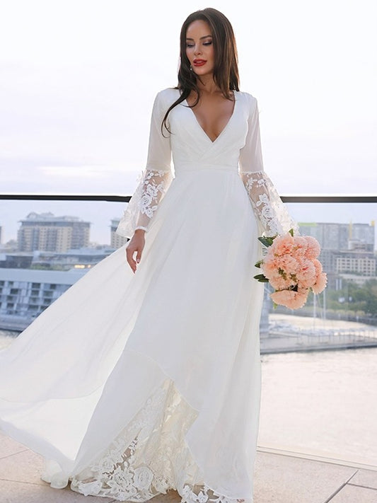 A-Line/Princess Lace V-neck Long Sleeves Sash/Ribbon/Belt Sweep/Brush Train Wedding Dresses