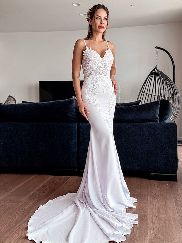 Trumpet/Mermaid Spaghetti Straps Applique Stretch Crepe Sleeveless Cathedral Train Wedding Dresses