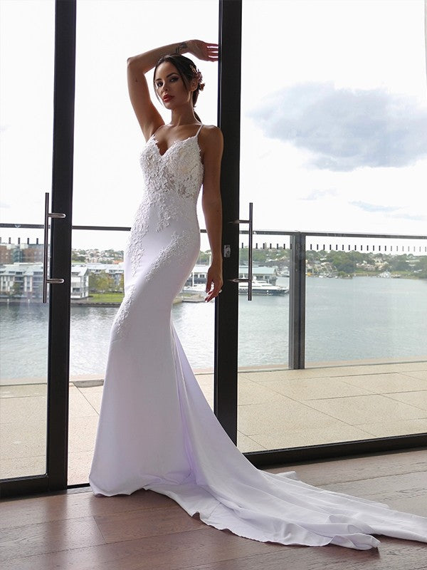 Trumpet/Mermaid Spaghetti Straps Applique Stretch Crepe Sleeveless Cathedral Train Wedding Dresses