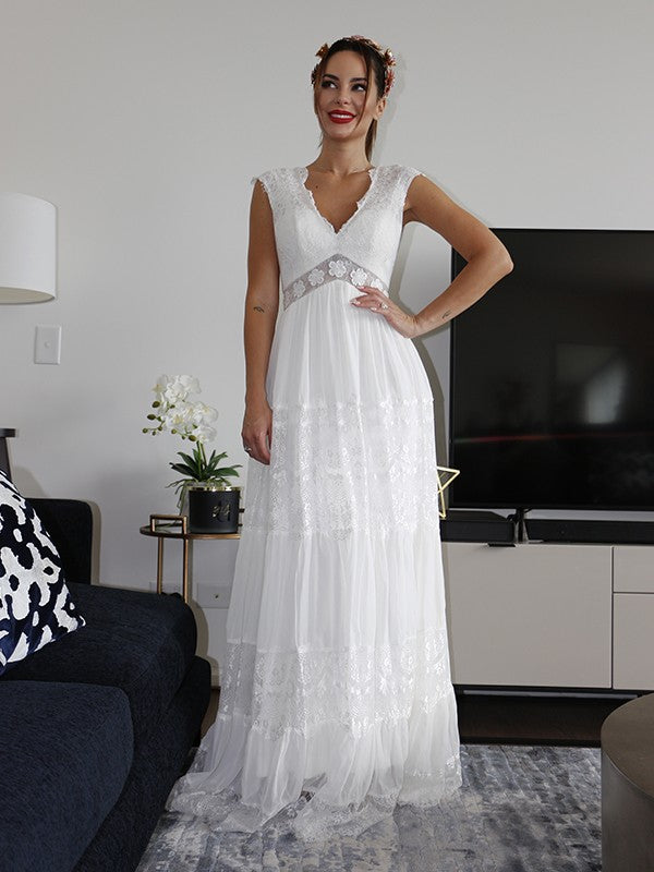 A-Line/Princess V-neck Short Sleeves Lace Ruched Floor-Length Wedding Dresses