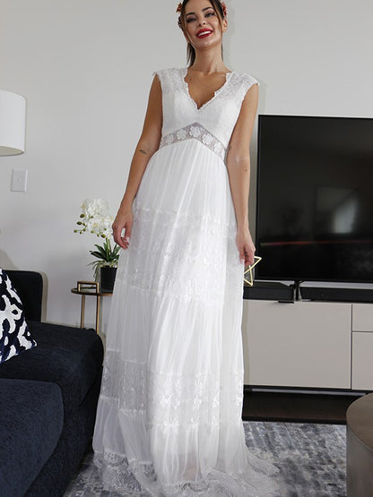 A-Line/Princess V-neck Short Sleeves Lace Ruched Floor-Length Wedding Dresses