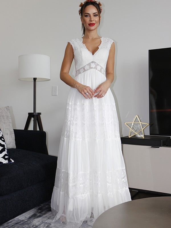 A-Line/Princess V-neck Short Sleeves Lace Ruched Floor-Length Wedding Dresses