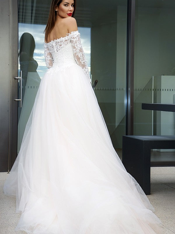 A-Line/Princess Long Sleeves Tulle Applique Off-the-Shoulder Court Train Wedding Dresses