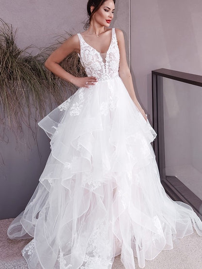 A-Line/Princess V-neck Applique Sleeveless Tulle Sweep/Brush Train Wedding Dresses