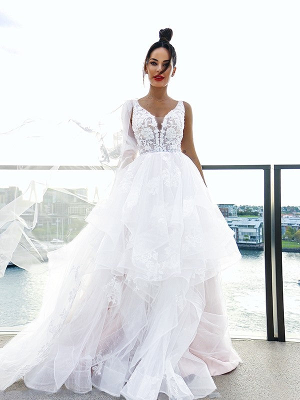 A-Line/Princess V-neck Applique Sleeveless Tulle Sweep/Brush Train Wedding Dresses