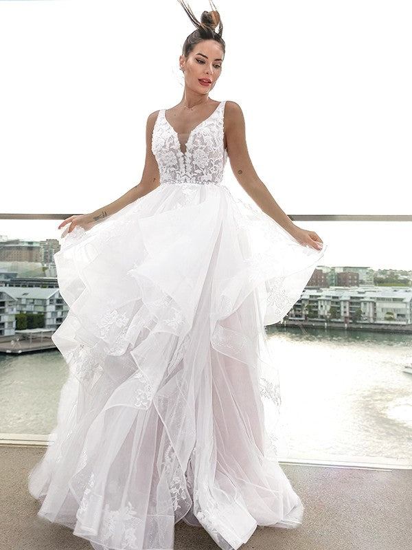 A-Line/Princess V-neck Applique Sleeveless Tulle Sweep/Brush Train Wedding Dresses