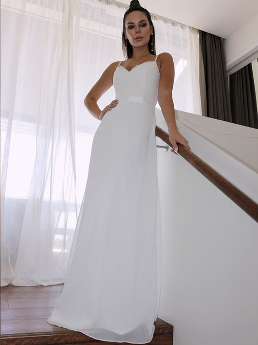 Sheath/Column Chiffon Lace Spaghetti Straps Sleeveless Floor-Length Wedding Dresses