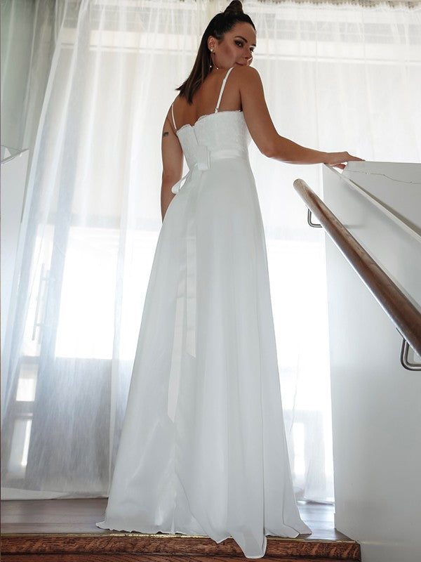 Sheath/Column Chiffon Lace Spaghetti Straps Sleeveless Floor-Length Wedding Dresses