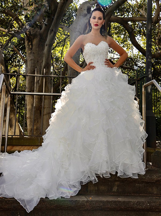 Ball Gown Organza Sleeveless Sequin Sweetheart Chapel Train Wedding Dresses