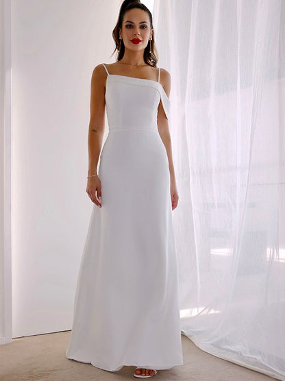 Sheath/Column Spaghetti Straps Satin Sleeveless Ruched Floor-Length Wedding Dresses