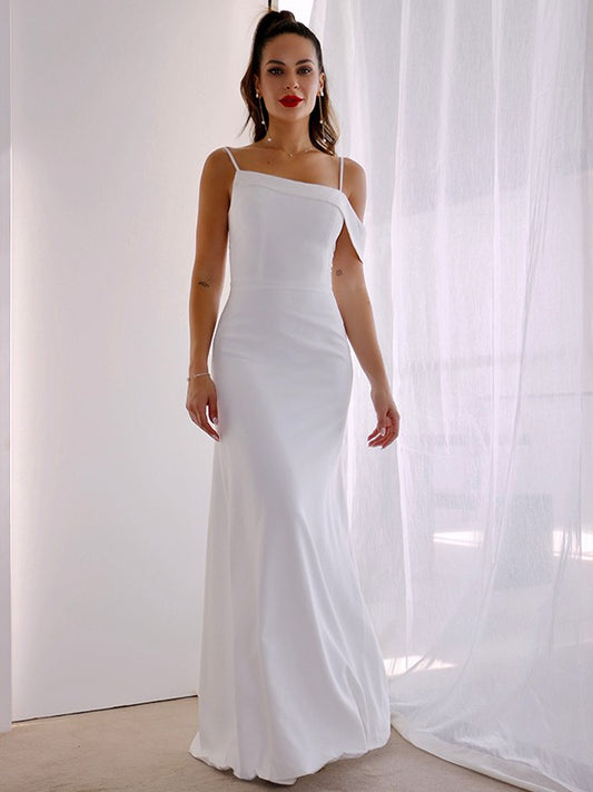 Sheath/Column Spaghetti Straps Satin Sleeveless Ruched Floor-Length Wedding Dresses