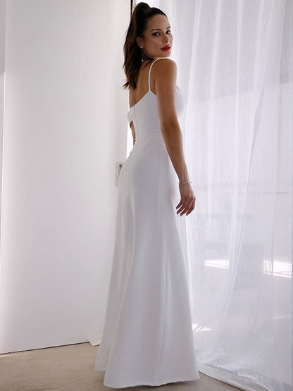 Sheath/Column Spaghetti Straps Satin Sleeveless Ruched Floor-Length Wedding Dresses