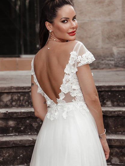 A-Line/Princess Sleeveless Applique V-neck Tulle Sweep/Brush Train Wedding Dresses