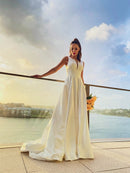 A-Line/Princess Satin Ruffles Scoop Sleeveless Sweep/Brush Train Wedding Dresses