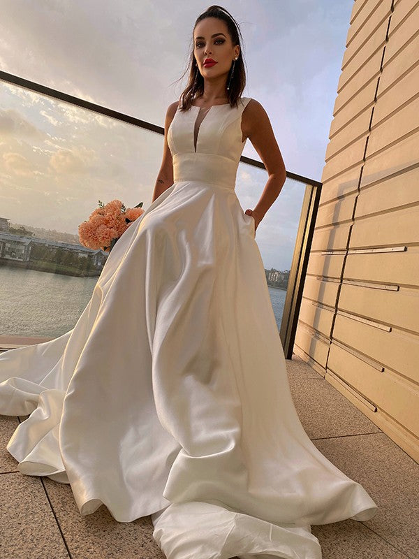 A-Line/Princess Satin Ruffles Scoop Sleeveless Sweep/Brush Train Wedding Dresses