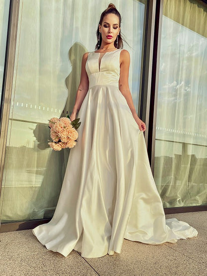 A-Line/Princess Satin Ruffles Scoop Sleeveless Sweep/Brush Train Wedding Dresses