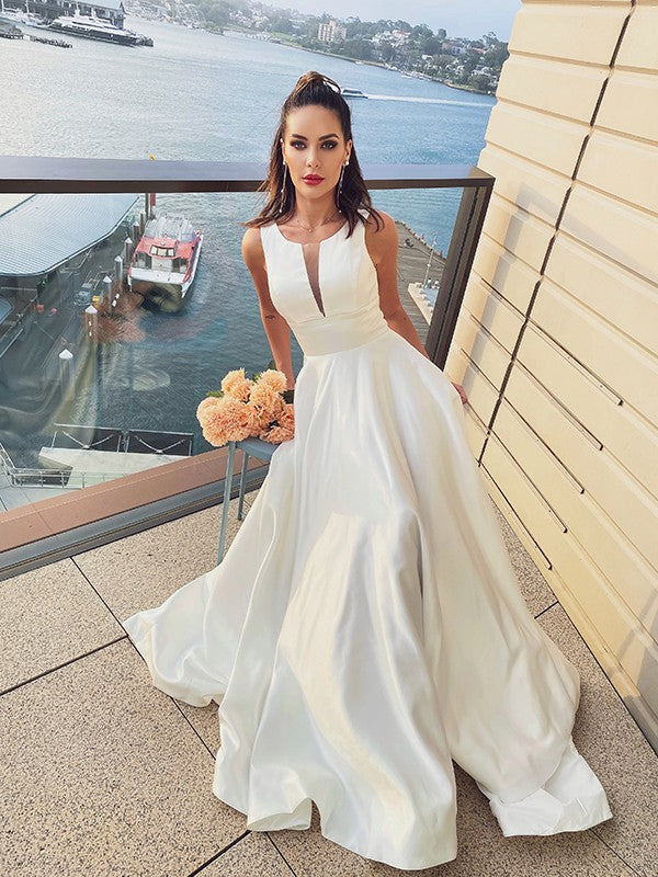 A-Line/Princess Satin Ruffles Scoop Sleeveless Sweep/Brush Train Wedding Dresses