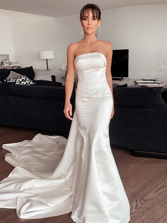 Sheath/Column Satin Ruffles Strapless Sleeveless Court Train Wedding Dresses