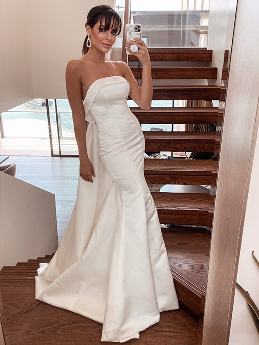 Sheath/Column Satin Ruffles Strapless Sleeveless Court Train Wedding Dresses