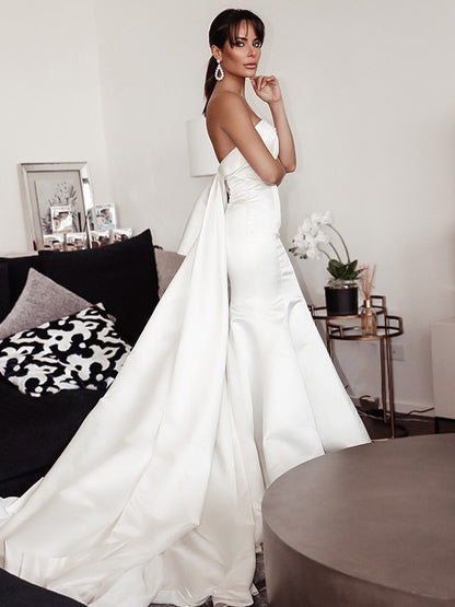 Sheath/Column Satin Ruffles Strapless Sleeveless Court Train Wedding Dresses