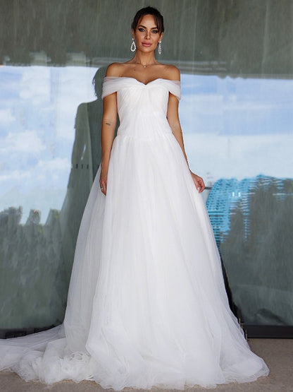 A-Line/Princess Sleeveless Tulle Off-the-Shoulder Ruched Sweep/Brush Train Wedding Dresses