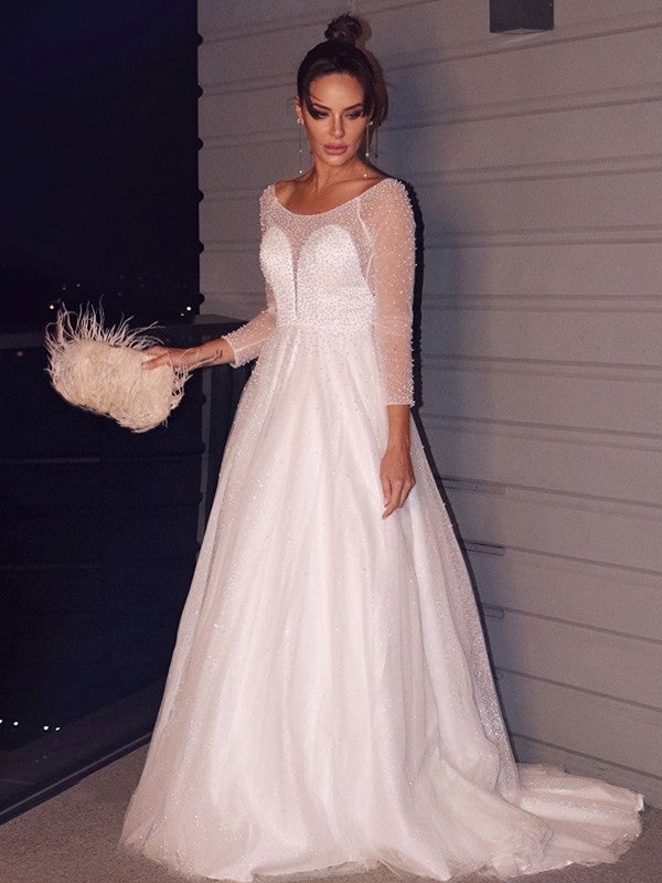 A-Line/Princess Beading Scoop Tulle Long Sleeves Sweep/Brush Train Wedding Dresses