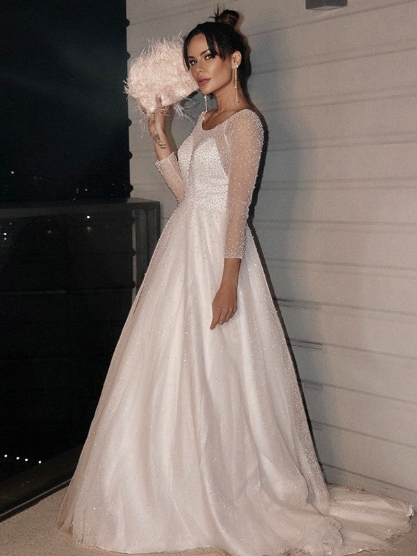 A-Line/Princess Beading Scoop Tulle Long Sleeves Sweep/Brush Train Wedding Dresses